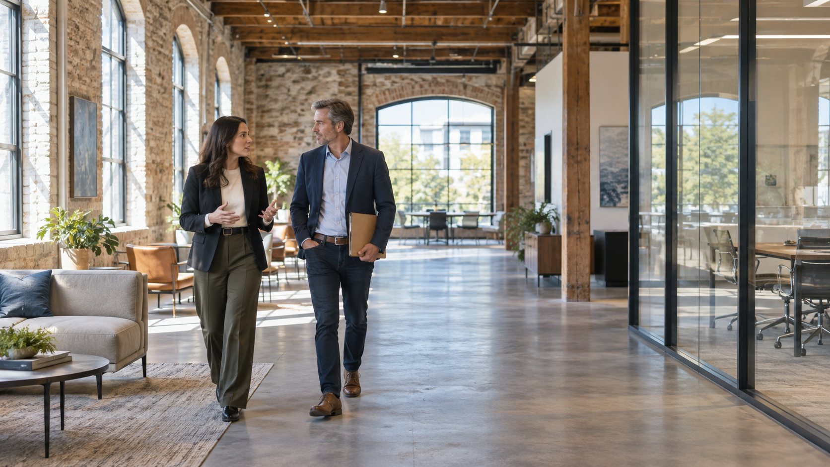 Business partners walking through a renovated workspace