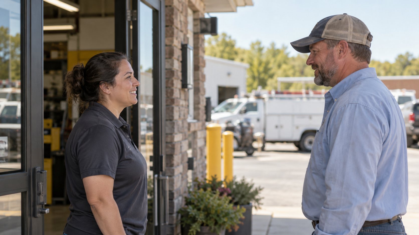 Employee greeting a client after a business transition
