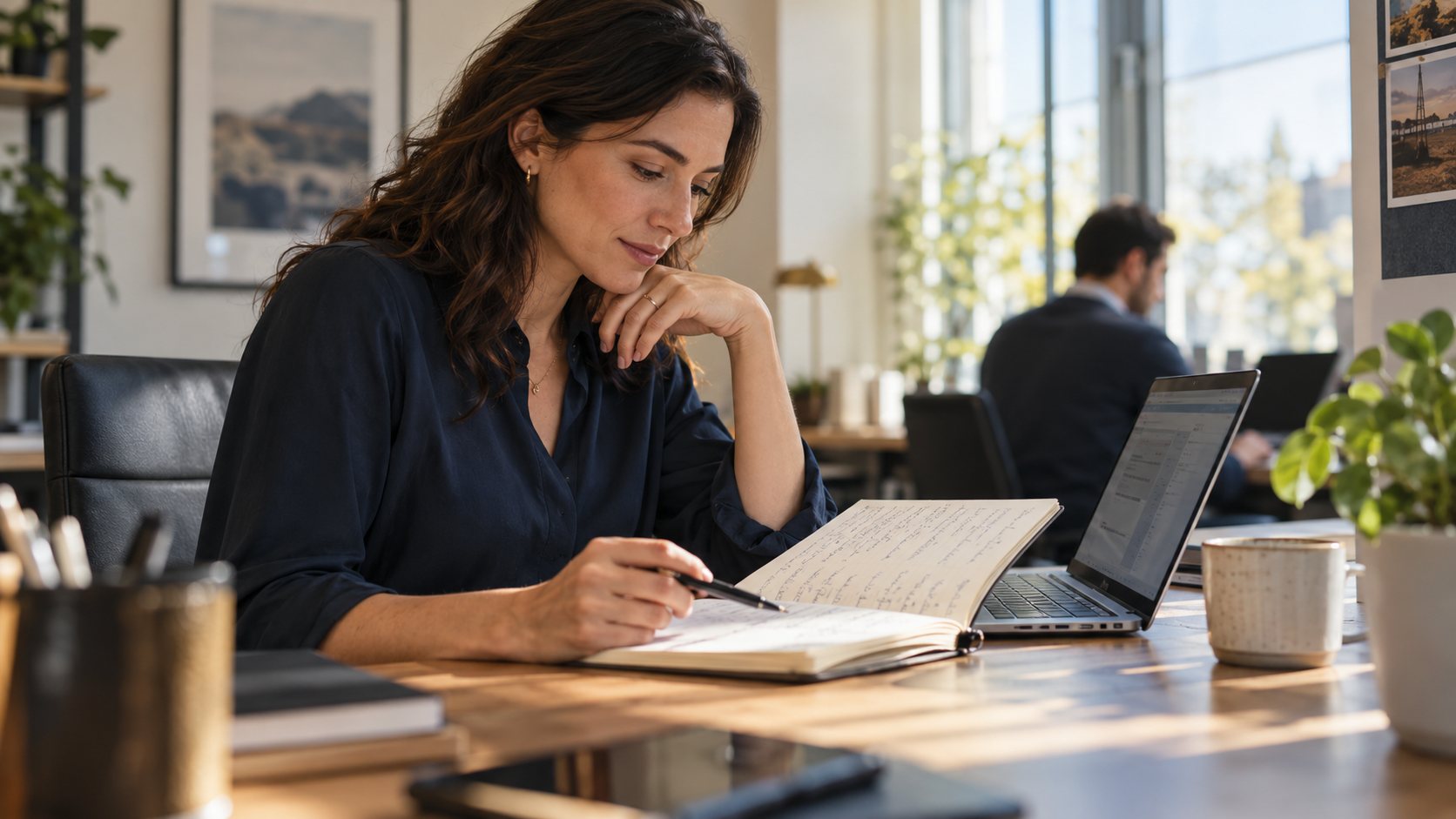 Professional reviewing client notes in a sunlit office